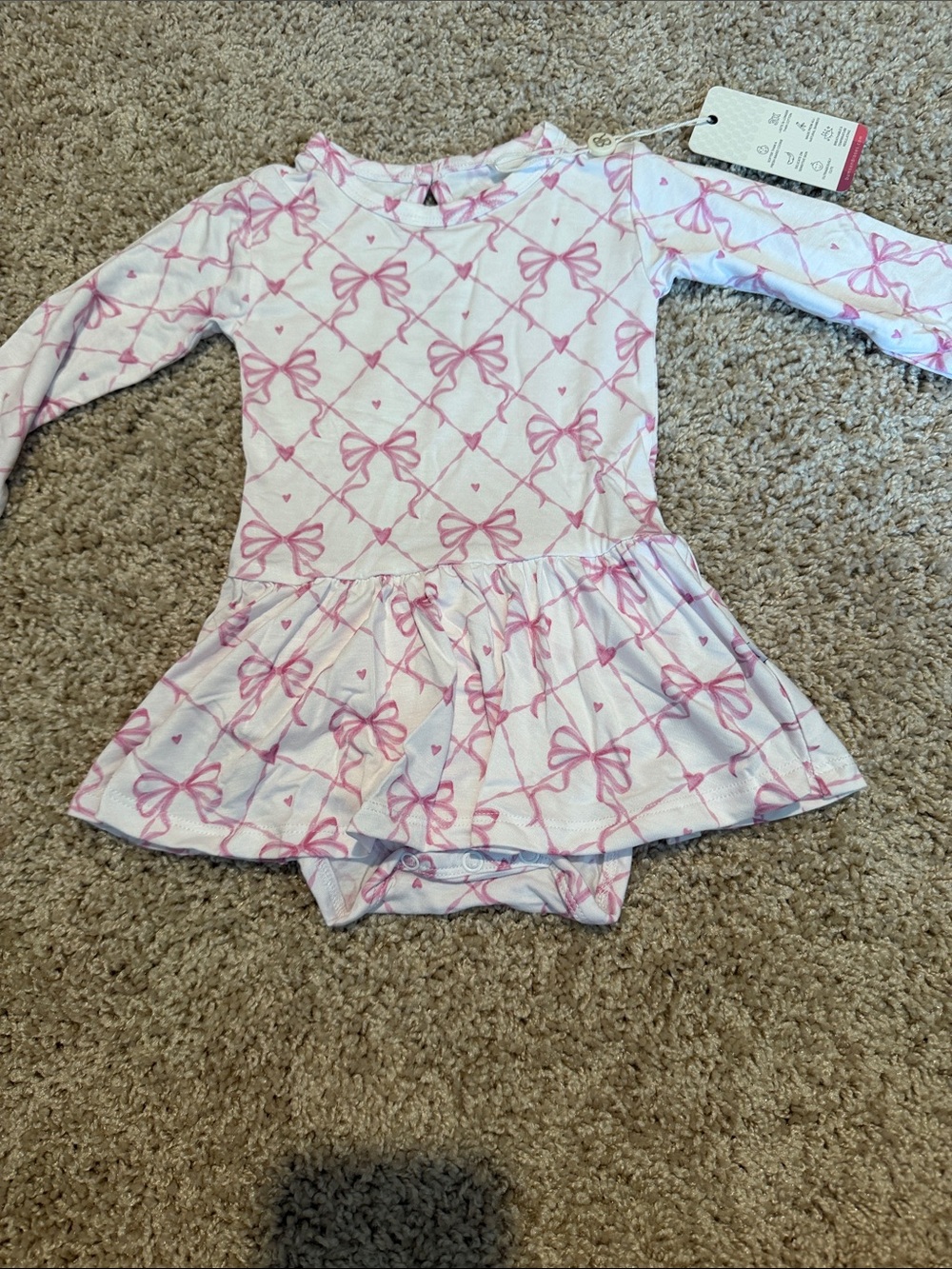 Pink Bow Print Long-Sleeve Peplum Baby Dress